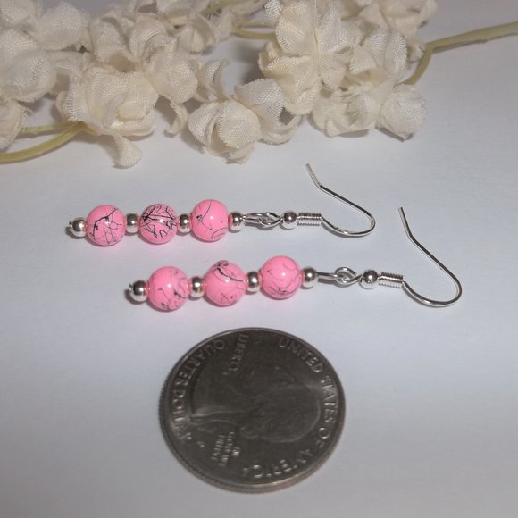 Hot Pink and Silver Beaded Dangle Earrings Set Fashion Accessory Gift Idea 6905 - Picture 4 of 7